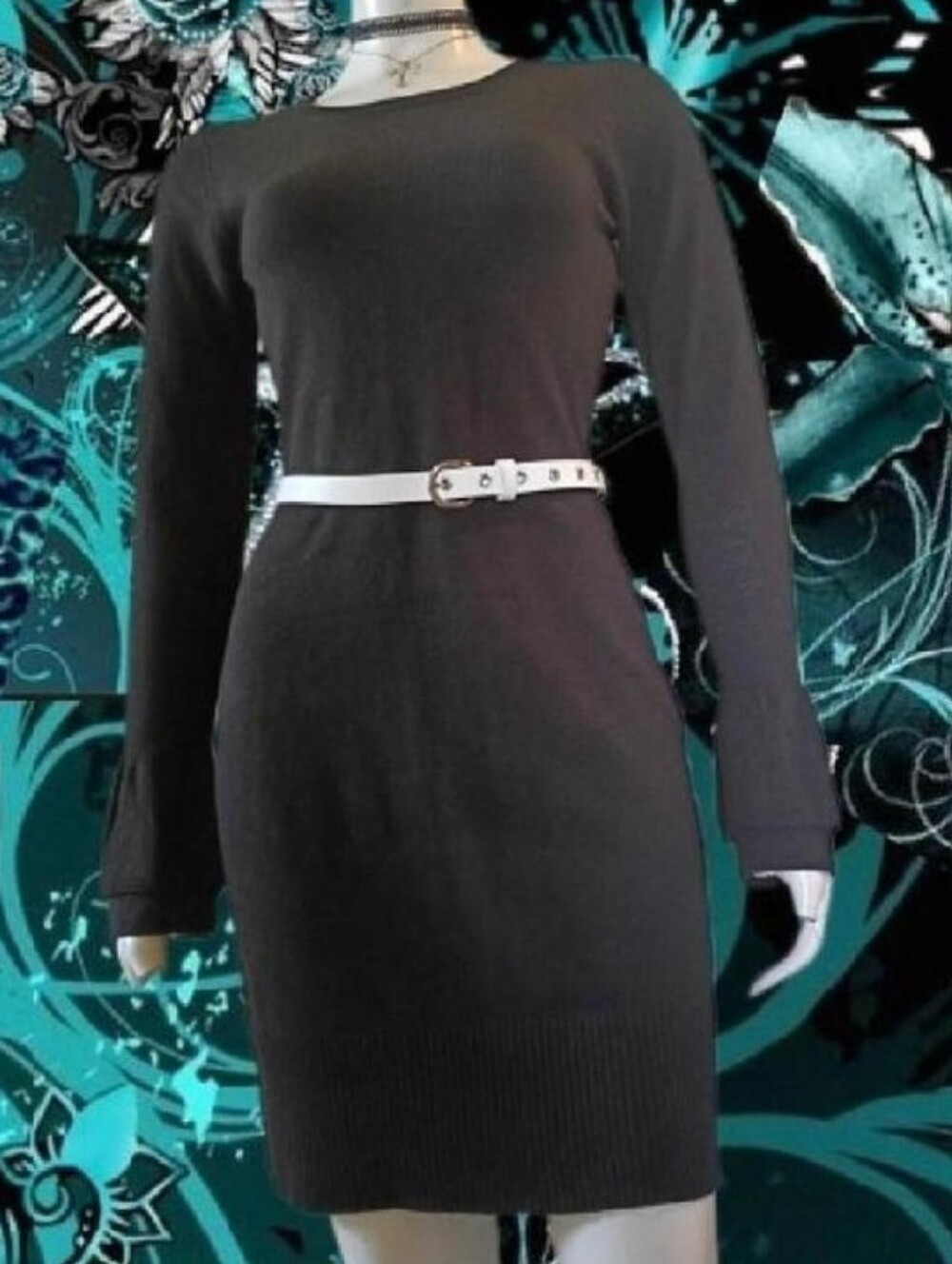 Y2K BCX Black Long- Bell Sleeve Knit Mini Dress W/ White Steve Madden Waist Belt